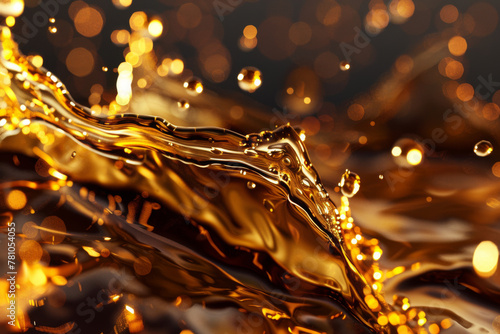 3D rendering of a golden oil splash on a white background, with a stack and spiral effect