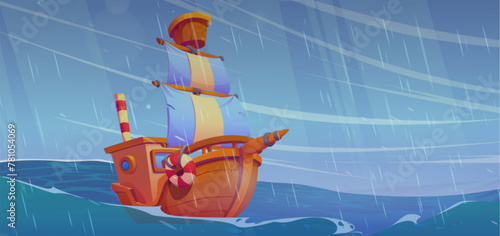Boat in stormy sea with rain. Ship on ocean wave. Dark sky and big sailboat on water vector landscape. Travel vessel in scary natural environment drawing for nautical comic game story design