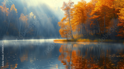 Delightful natural fall landscape with lake and reflection of yellow trees and clouds in dawn sunlight. Wallpaper.