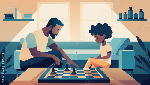 In a cozy living room a father and daughter sit at opposite ends of a large Chess board their intense focus evident in their furrowed brows and photo