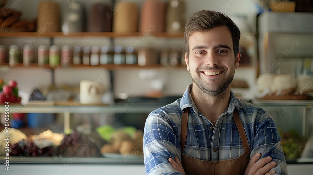 Happy young male cafe owner standing with smiling at the camera in front of his shop interior, in the style of a portrait shot. generative AI Happy young male cafe owner standing with smiling at the camera in front of his shop interior, in the style of a portrait shot. generative AI