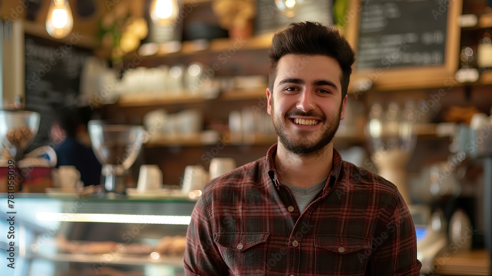 Happy young male cafe owner standing with smiling at the camera in front of his shop interior, in the style of a portrait shot. generative AI Happy young male cafe owner standing with smiling at the camera in front of his shop interior, in the style of a portrait shot. generative AI
