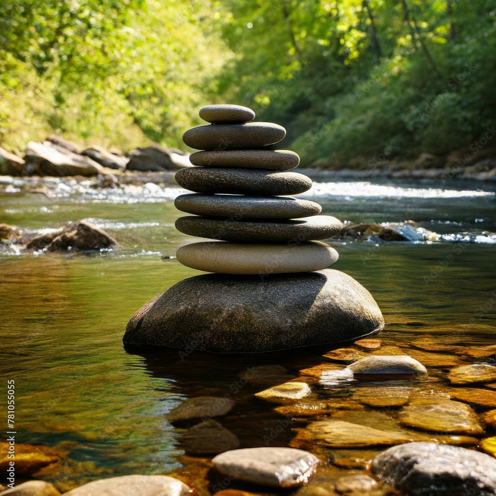 Stacked zen stones in the middle of a stream in the forest