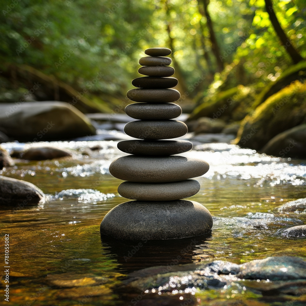 Stacked zen stones in the middle of a stream in the forest