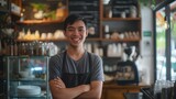 Happy young asian male cafe owner standing with smiling at the camera in front of his shop interior, in the style of a portrait shot. generative AI