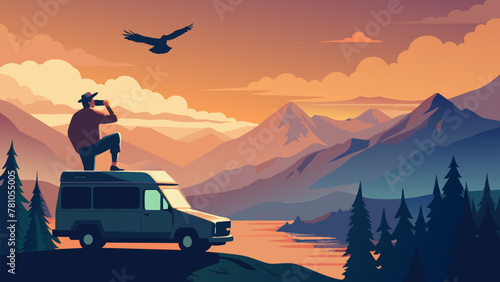 Against the backdrop of a magnificent sunset a man sits perched on the roof of his van binoculars in hand tracking the movements of a majestic