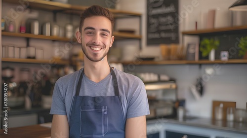 Happy young male cafe owner standing with smiling at the camera in front of his shop interior, in the style of a portrait shot. generative AI