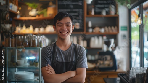 Happy young asian male cafe owner standing with smiling at the camera in front of his shop interior, in the style of a portrait shot. generative AI photo