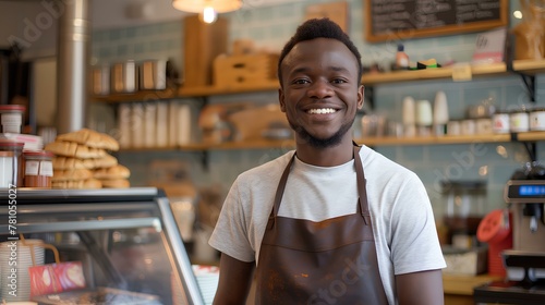 Happy young afro male cafe owner standing with smiling at the camera in front of his shop interior  in the style of a portrait shot. generative AI