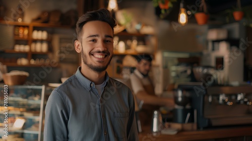 Happy young male cafe owner standing with smiling at the camera in front of his shop interior, in the style of a portrait shot. generative AI