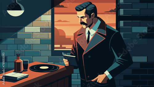 A mustachioed man in a leather jacket leaning against a brick wall in a dimly lit bar holding a record sleeve in one hand and a glass of