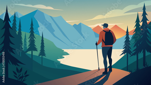 A man in his s enjoying a peaceful solo hike through the woods pausing at scenic overlooks to do some bodyweight exercises and soak in the