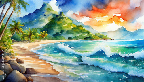 Exotic beaches in watercolor waves whispering tales of paradise; a wonderful place for trave photo