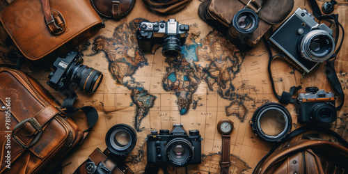 A collection of cameras and other travel accessories are arranged on a map. Concept of adventure and wanderlust photo