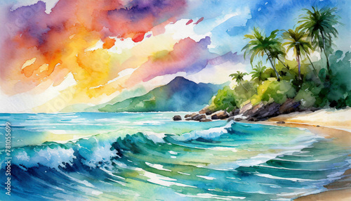 Exotic beaches in watercolor waves whispering tales of paradise; a wonderful place for trave photo