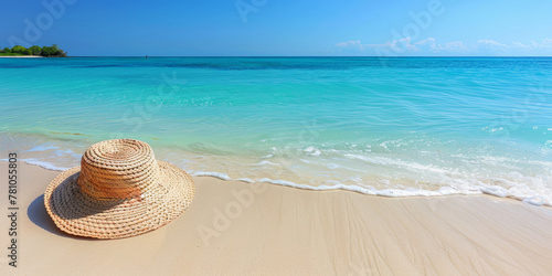 A straw hat is laying on the sand at the beach. The hat is open and the beach is calm and peaceful