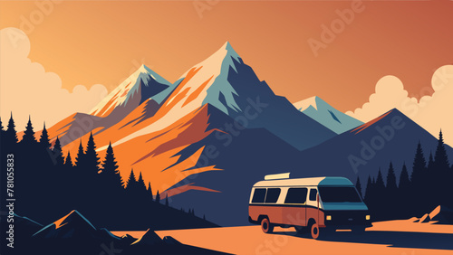 The sun began to set behind the snowcapped peaks casting a warm orange glow on the van parked at the base of the mountain ridge. Excited hikers