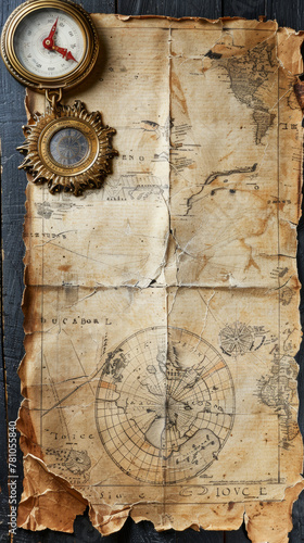 A map with a compass on top of it. The map is old and worn, and the compass is gold. Scene is nostalgic and adventurous