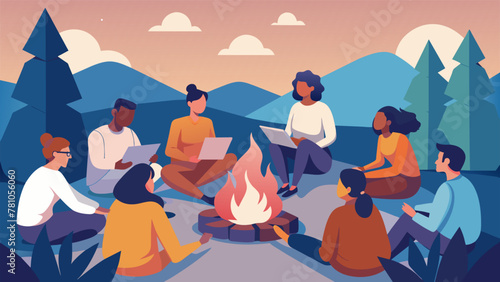 A group of diverse students sit huddled around a campfire practicing phrases in the local language as they take turns sharing their cultural