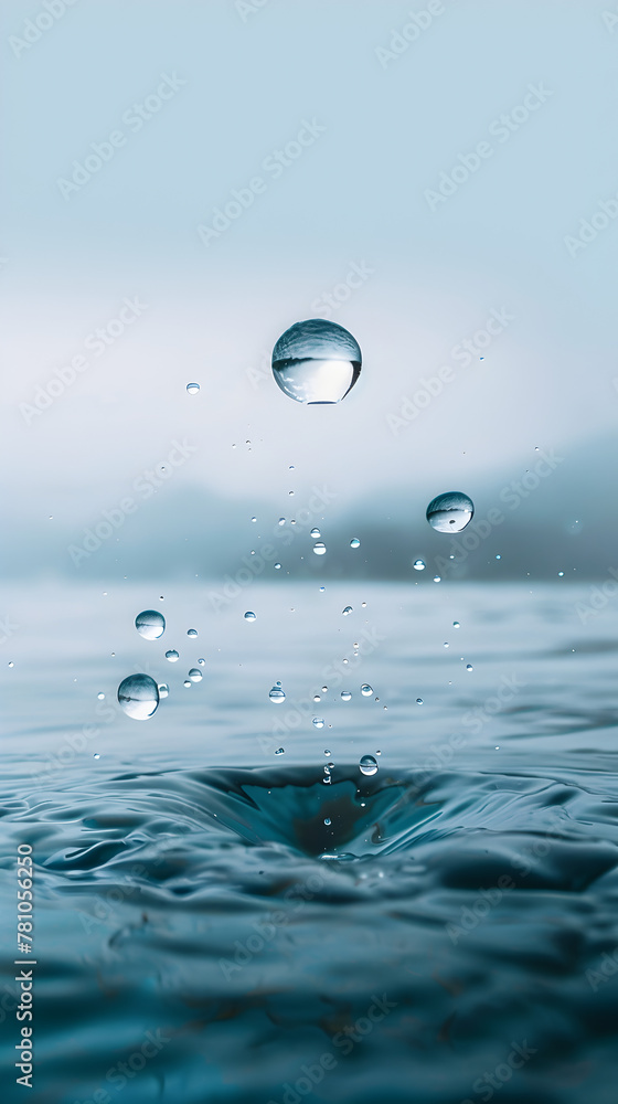A water droplet is suspended in the air above a body of water. The droplet is surrounded by other droplets, creating a sense of movement and fluidity. Concept of tranquility and calmness A water droplet is suspended in the air above a body of water. The droplet is surrounded by other droplets, creating a sense of movement and fluidity. Concept of tranquility and calmness