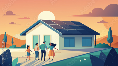 A family gathers around their home its roof adorned with sleek modern solar panels. The panels soak up the suns rays powering the homes