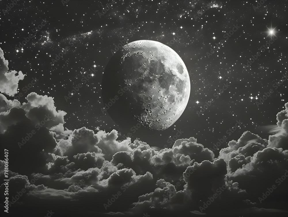 A large moon is in the sky above a cloudy night. The sky is dark and the clouds are thick, creating a moody atmosphere