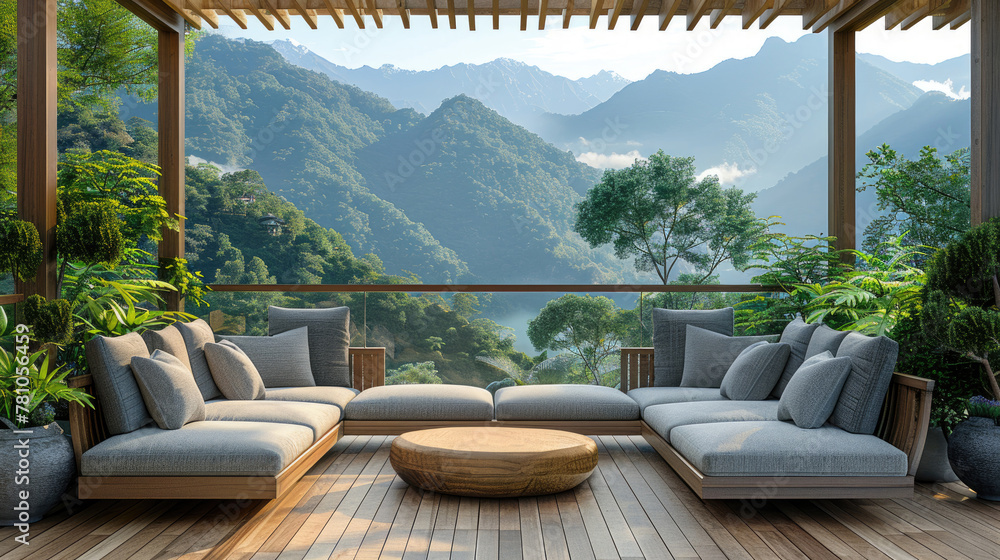 Obraz premium Wooden terrace with the sofa in the mountains