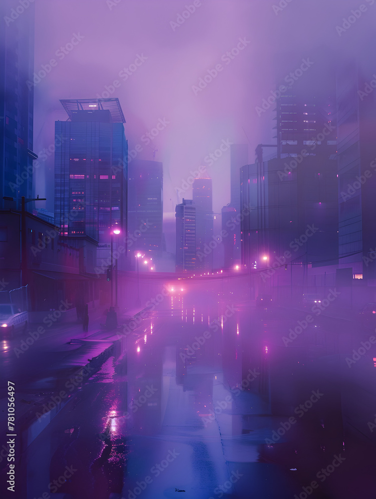 A city street with a purple sky and a reflection of the city lights in the water