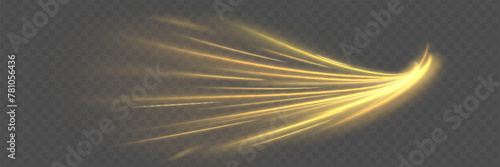 Golden shiny spiral wave sparks. Curved yellow speed line twirl. Glittering wavy trail. Swirling dynamic neon circle. Magic gold whirlwind with flare sparkles. Glow swirl light bokeh effect.