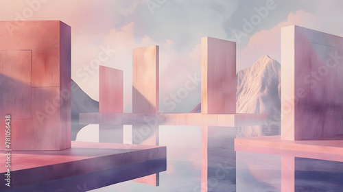 A pink and white cityscape with a mountain range in the background. The buildings are made of concrete and are arranged in a way that creates a sense of depth and perspective photo
