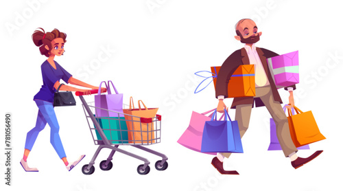 Mall buyer male and female character with paper shopping bags and gift boxes. Cartoon vector illustration set of man holding shopper packs in hands and woman carrying packages in supermarket cart.