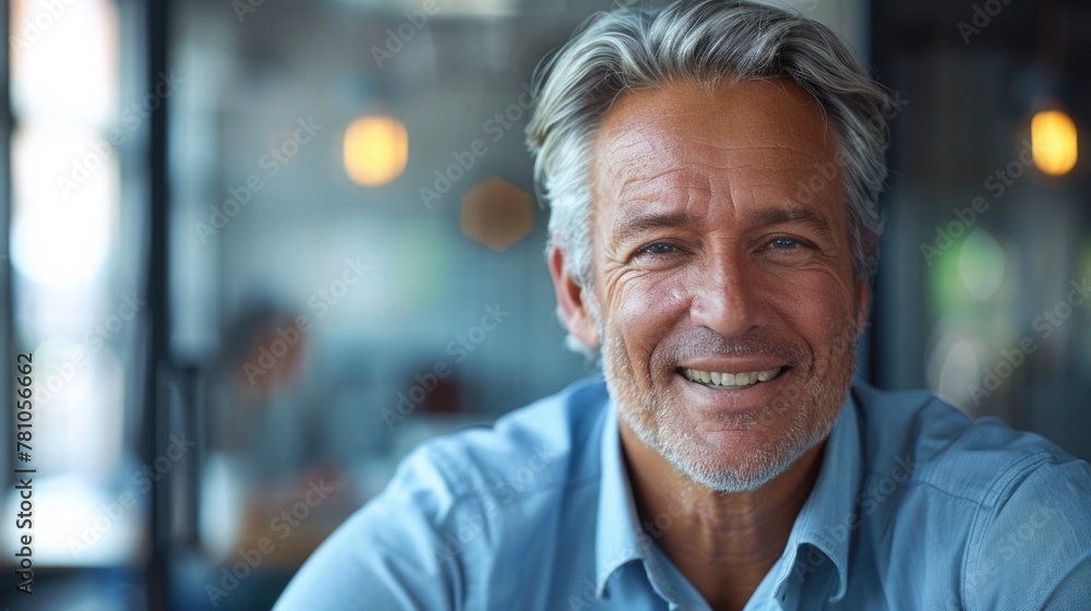 A man with grey hair and a blue shirt smiling. Suitable for business and lifestyle concepts A man with grey hair and a blue shirt smiling. Suitable for business and lifestyle concepts