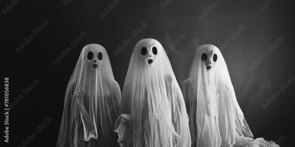 Image of three ghostly figures standing in a row. Suitable for Halloween themes