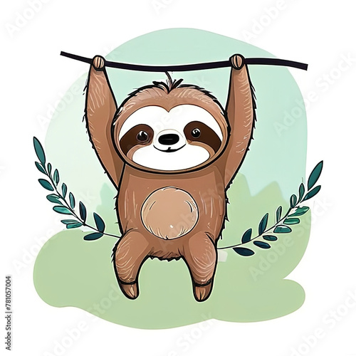 Cute sloth. Vector illustration, watercolor painting. Perched on a branch, isolated on white background. photo