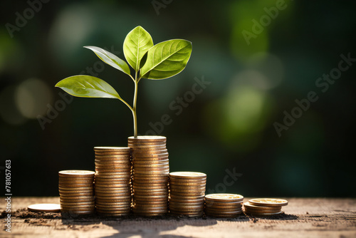 Growing plants on coins stacked on green blurred backgrounds and natural light with financial ideas. 