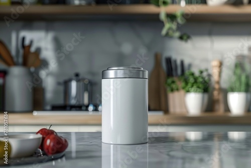 A kitchen counter top with a canister. Suitable for home decor websites