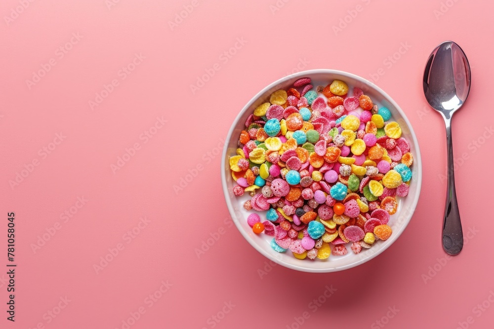 A bowl of cereal with a spoon on a pink table. Perfect for breakfast concept