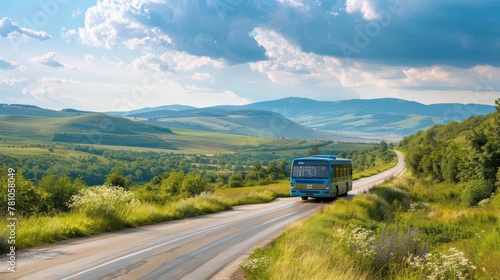A passenger bus traveling on a scenic countryside route. 