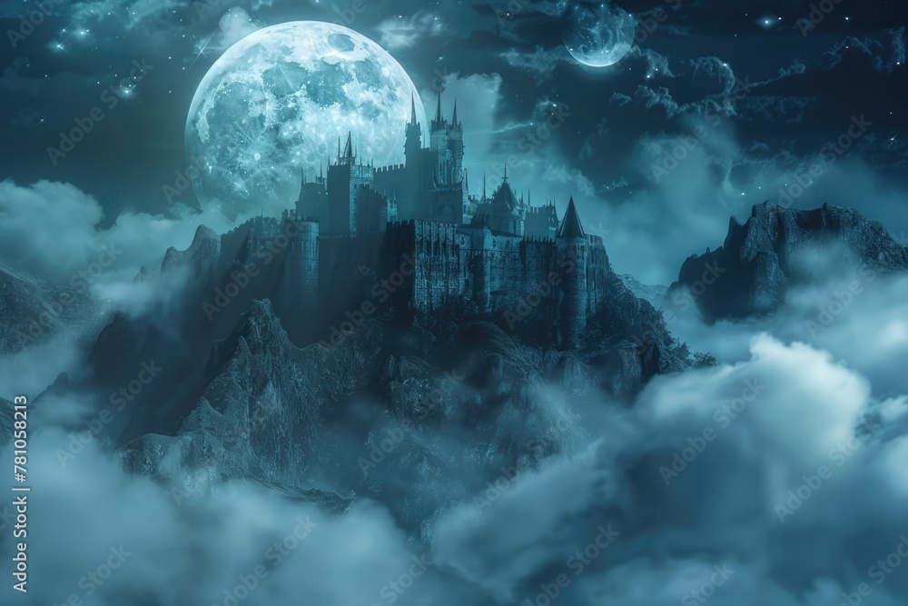 A majestic castle in the clouds under the light of a full moon. Perfect for fantasy and dreamy themed projects A majestic castle in the clouds under the light of a full moon. Perfect for fantasy and dreamy themed projects