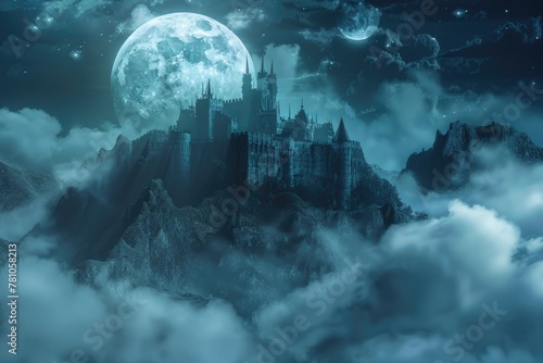 A majestic castle in the clouds under the light of a full moon. Perfect for fantasy and dreamy themed projects