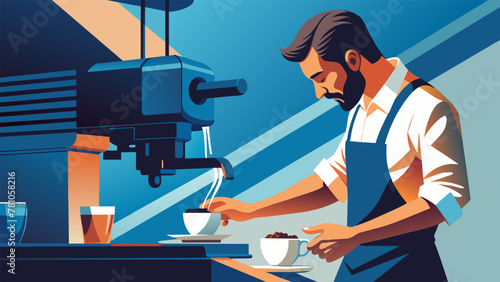 A splitsecond view of a baristas swift motion as they pull the lever on the espresso machine capturing the force and precision needed to create