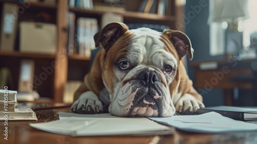 Bulldog laying on desk with a book, suitable for pet and education themes © Fotograf