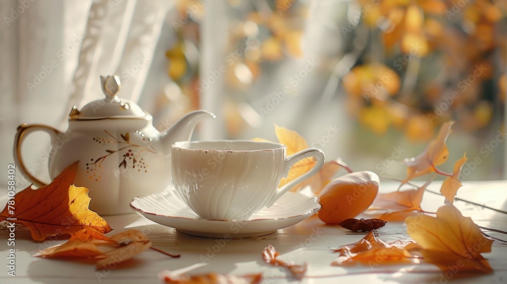 Fototapeta premium Tea pot and cup on table, perfect for home decor