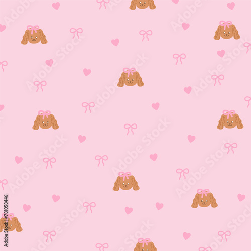 Vector illustration of puppy, ribbon and heart on a pastel pink background for animal wallpaper, sweet backdrop, ad template, fabric print, kid clothes, fashion, textile, gift wrap, packaging, pattern