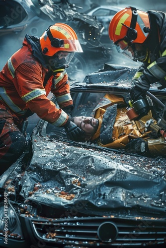 Two firemen working on a car. Suitable for automotive and emergency services concepts