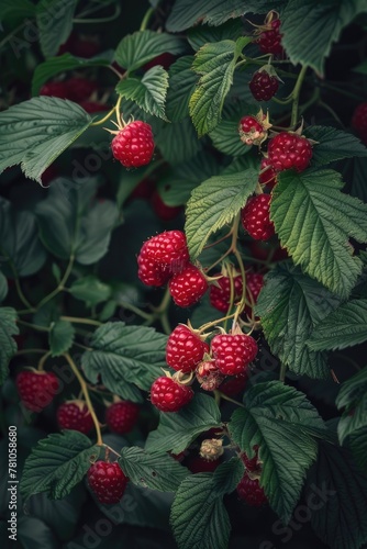 Fresh raspberries growing on green bush, perfect for summer themes