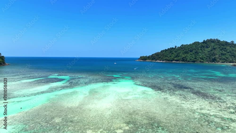 The aerial view with tropical seashore island in turquoise sea Amazing nature landscape The aerial view with tropical seashore island in turquoise sea Amazing nature landscape