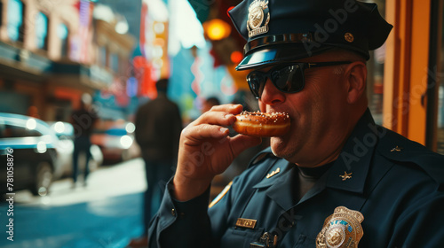 Fat cop is eating a donut. photo