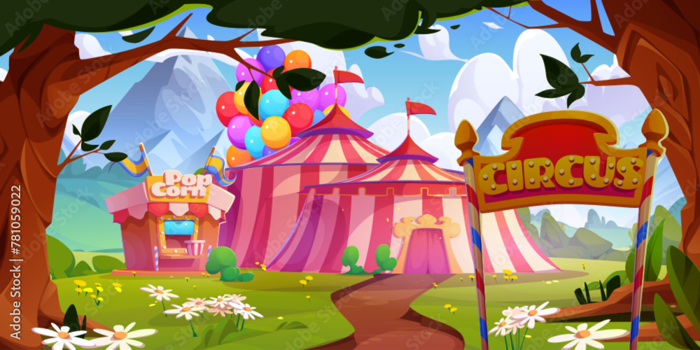 Naklejka premium Circus tent and popcorn stall in forest near mountains. amusement park with entrance and path to carnival entertainment. Cartoon vector illustration of travel fun fair theater arena outdoor.