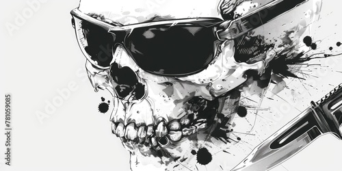 Illustration of a skull wearing sunglasses and holding a knife. Suitable for dark or edgy themed projects